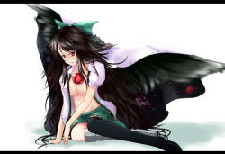 Rule 34 | 1girl, asymmetrical clothes, asymmetrical footwear, black thighhighs, bow, brown hair, capelet, dacho, female focus, hair bow, letterboxed, long hair, mismatched footwear, no bra, open clothes, open shirt, red eyes, reiuji utsuho, shirt, sitting, skirt, solo, thighhighs, third eye, touhou, very long hair, white background, wings