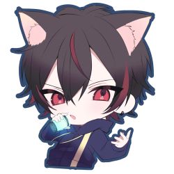 Rule 34 | 1boy, animal ear fluff, animal ears, black hair, blue hoodie, cat boy, cat ears, chibi, highres, holding, hood, hoodie, joxjo, kom0980, looking at viewer, male focus, multicolored hair, northeption, open hand, open mouth, red hair, short hair, solo, streaked hair, v-shaped eyebrows, white background