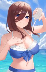 Rule 34 | 1girl, applying sunscreen, bikini, blue bikini, blue eyes, bottle, breasts, brown hair, cleavage, closed mouth, collarbone, day, frilled bikini, frills, go-toubun no hanayome, gomashiwo o, hair between eyes, hand on own chest, highres, holding, holding bottle, large breasts, long hair, looking at viewer, nakano miku, navel, ocean, outdoors, sky, solo, suggestive fluid, swimsuit