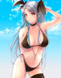 Rule 34 | 1girl, antenna hair, arm behind back, arm up, armpits, azur lane, bare shoulders, bikini, black bikini, black choker, black ribbon, blue sky, blush, breasts, choker, cleavage, closed mouth, cloud, cloudy sky, collarbone, commentary, commentary request, contrapposto, covered erect nipples, cowboy shot, cross, cross earrings, day, dermar, earrings, flag print, german flag, german flag bikini, gluteal fold, hair ribbon, highres, iron cross, jewelry, large breasts, long hair, looking at viewer, mole, mole on breast, multicolored hair, outdoors, parted bangs, prinz eugen (azur lane), prinz eugen (unfading smile) (azur lane), ribbon, shiny skin, side-tie bikini bottom, sidelocks, silver hair, sky, solo, standing, streaked hair, summer, swept bangs, swimsuit, thigh strap, two side up, very long hair