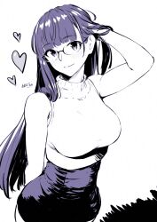 Rule 34 | 1girl, arm behind back, bare arms, blunt bangs, blush, breasts, closed mouth, glasses, hand in own hair, heart, highres, large breasts, long hair, looking at viewer, nanahime, original, simple background, skirt, sleeveless, sleeveless sweater, smile, solo, sweater, sweater tucked in, turtleneck, turtleneck sweater, white background