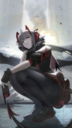 Rule 34 | 1girl, arknights, distr, from below, grey hair, head on hand, highres, looking at viewer, pantyhose, smile, smoke trail, solo, squatting, tail, w (arknights)