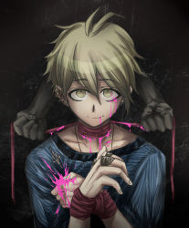 Rule 34 | 10s, 1boy, amami rantaro, asphyxiation, blood, blood on clothes, blood on face, danganronpa (series), danganronpa v3: killing harmony, disembodied hand, ear piercing, edaki14, green eyes, green hair, highres, jewelry, looking at viewer, male focus, matching hair/eyes, piercing, pink blood, ring, shirt, short hair, smile, solo, strangling, striped clothes, striped shirt, upper body