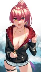 Rule 34 | 1girl, absurdres, alternate costume, anchor symbol, arrow through heart, bikini, bikini under clothes, black jacket, blush, breasts, cleavage, collarbone, commentary request, contrapposto, cowboy shot, dolphin shorts, earrings, hair between eyes, highres, hololive, houshou marine, houshou marine (summer), jacket, jewelry, large breasts, long hair, looking at viewer, mixed-language commentary, necklace, open mouth, pink hair, ponytail, red eyes, short shorts, shorts, skindentation, smile, solo, swimsuit, thigh strap, toby000777, unzipped, virtual youtuber, white shorts, yellow eyes
