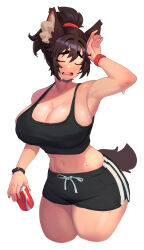 Rule 34 | 1girl, animal ears, black shorts, black sports bra, breasts, brown hair, can, cleavage, closed eyes, curvy, dog ears, dog girl, dog tail, drink can, hairband, haru feng, highres, holding, holding can, huge breasts, large breasts, original, short hair, shorts, smartwatch, soda can, solo, sports bra, sportswear, sweat, sweatdrop, tail, thick thighs, thighs, watch, white background, wide hips, wristwatch