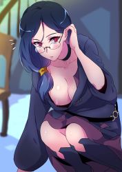Rule 34 | 10s, 1girl, adjusting hair, black choker, black footwear, blue hair, blurry, blurry background, blush, boots, breasts, choker, collarbone, commentary request, downblouse, flying sweatdrops, glasses, tucking hair, indoors, large breasts, little witch academia, long hair, looking at viewer, looking over eyewear, negom, nipple slip, nipples, no bra, red eyes, robe, solo, squatting, ursula callistis