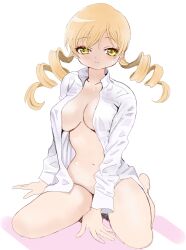 Rule 34 | 1girl, blonde hair, breasts, closed mouth, drill hair, large breasts, long sleeves, mahou shoujo madoka magica, mahou shoujo madoka magica (anime), naked shirt, navel, open clothes, open shirt, shirt, simple background, sitting, smile, solo, tomoe mami, toshi (little-fluffy-cloud), twin drills, white background, white shirt, yellow eyes