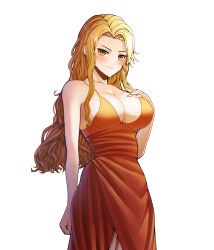 Rule 34 | 1girl, absurdres, bad id, bad twitter id, blonde hair, blush, breasts, brigid (fire emblem), cleavage, closed mouth, commission, commissioner upload, dress, evening gown, fire emblem, fire emblem: genealogy of the holy war, formal, furrowed brow, highres, large breasts, long hair, looking at viewer, nintendo, orange dress, saikunartworks, simple background, solo, wavy hair, white background, yellow eyes