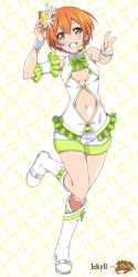 Rule 34 | 10s, 1girl, armband, boots, bow, bowtie, breast cutout, breasts, circle name, clothing cutout, flower, full body, green bow, green bowtie, green eyes, grin, hair flower, hair ornament, headset, hoshizora rin, love live!, love live! school idol festival, love live! school idol project, midriff, mizuki makoto, navel, navel cutout, orange hair, short hair, shorts, small breasts, smile, solo, standing, standing on one leg, v, wristband
