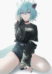 Rule 34 | 1girl, alternate costume, animal ears, black choker, black nails, black shirt, black shorts, blue archive, choker, closed mouth, fingernails, flippy (cripine111), green hair, hair between eyes, halo, highres, long sleeves, medium hair, nail polish, purple eyes, purple halo, shigure (blue archive), shirt, shorts, simple background, sleeves past wrists, smile, solo, tail, thighhighs, tongue, tongue out, weasel ears, weasel tail, white background, white thighhighs