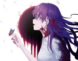 Rule 34 | 1girl, blood, blood on clothes, blood on face, blush, breasts, bug, butterfly, collarbone, crying, dress, fate/stay night, fate (series), hair between eyes, hair ribbon, hakisou, heaven&#039;s feel, highres, insect, long hair, matou sakura, medium breasts, official alternate costume, purple eyes, purple hair, red ribbon, ribbon, solo, upper body, white dress