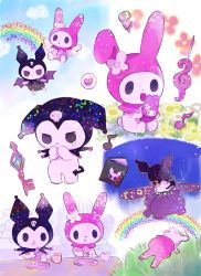 Rule 34 | cellphone, eating, grass, hano luno, highres, kuromi, my melody, onegai my melody, phone, rainbow, sanrio, wings