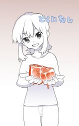 Rule 34 | 1girl, blood drip, brown background, collarbone, cowboy shot, crosshatching, cupping hands, denim, food, gradient background, grey eyes, grin, gundam (vxrwvww), hatching (texture), head tilt, highres, holding, holding food, jeans, limited palette, looking at viewer, medium hair, original, own hands together, pants, raw meat, shirt, sidelocks, smile, solo, translated, white background