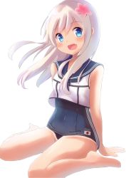 Rule 34 | 10s, 1girl, absurdres, arm support, blonde hair, blue eyes, covered navel, crop top, fang, flower, hair flower, hair ornament, highres, japanese flag, kantai collection, long hair, looking at viewer, negishio, open mouth, ro-500 (kancolle), school swimsuit, school uniform, serafuku, simple background, sitting, solo, swimsuit, swimsuit under clothes, tan, tanline, wariza, white background