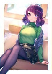 Rule 34 | 1girl, belt, black skirt, blunt bangs, blurry, blurry background, border, breasts, chromatic aberration, closed mouth, commentary, couch, day, diagonal bangs, feet out of frame, fingernails, green sweater, hair ornament, hairclip, highres, hrtyuk, idolmaster, idolmaster shiny colors, light smile, long sleeves, looking at viewer, low twintails, medium breasts, medium hair, miniskirt, on couch, outside border, pantyhose, print skirt, purple eyes, purple hair, purple pantyhose, shawl, short twintails, sitting, skirt, sleeves past wrists, solo, sweater, tanaka mamimi, turtleneck, turtleneck sweater, twintails, white border, window