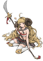 Rule 34 | 1girl, ahoge, anila (granblue fantasy), big hair, black skirt, blonde hair, breast press, breasts, cleavage, curled horns, glaive (polearm), granblue fantasy, haoni, holding, holding weapon, horns, large breasts, long hair, looking at viewer, platform footwear, pleated skirt, polearm, sandals, simple background, sitting, skirt, solo, thighhighs, two-handed, very long hair, weapon, white background, white thighhighs