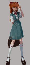 Rule 34 | 1girl, aqua skirt, arm behind back, bag, blush, expressionless, grey background, hair between eyes, highres, interface headset, long hair, looking at viewer, mary janes, neck ribbon, neon genesis evangelion, nervous, nzeneee, orange hair, playing with hair, red ribbon, ribbon, school bag, school uniform, shoes, skirt, solo, souryuu asuka langley, suspender skirt, suspenders, tokyo-3 middle school uniform, two side up