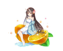 Rule 34 | 1girl, :d, bare shoulders, blue jacket, blush, brown hair, character request, collarbone, dress, flower, food, fruit, hair flower, hair ornament, horns, jacket, kai-ri-sei million arthur, lemon, long hair, long sleeves, looking at viewer, million arthur (series), mitu yang, off shoulder, official art, open clothes, open jacket, open mouth, pink flower, red eyes, sitting, smile, solo, strapless, strapless dress, very long hair, water, white background, white dress
