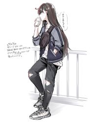 Rule 34 | 1girl, bag, black hair, chain, denim, drinking, earrings, fence, full body, hand in pocket, inago akira, jacket, jewelry, jouhou, long hair, looking to the side, multicolored hair, railing, shirt, shoulder bag, solo, speech bubble, toji no miko, torn clothes, white background, white footwear, white shirt