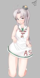 Rule 34 | 1girl, absurdres, ahoge, akitsushima (kancolle), clothes writing, cosplay, dress, full body, grey background, grey hair, hat, highres, kantai collection, kneeling, libeccio (kancolle), libeccio (kancolle) (cosplay), long hair, looking at viewer, maru (marg0613), mini hat, neckerchief, one-hour drawing challenge, sailor collar, sailor dress, side ponytail, sidelocks, simple background, skirt hold, solo, striped neckerchief, white dress, white sailor collar