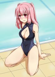 Rule 34 | 1girl, absurdres, blush, bon (pixiv518591), breasts, cleavage, cleavage cutout, clothing cutout, female focus, front zipper swimsuit, highres, hoshino maki osamu, large breasts, long hair, looking at viewer, meme attire, one-piece swimsuit, open mouth, pink eyes, pink hair, sitting, smile, solo, starmine (manga), swimsuit, twintails, unzipped, wariza, zipper