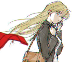 Rule 34 | 1girl, 203wolves, black jacket, blonde hair, blurry, blurry foreground, cellphone, floating hair, from side, graphite (medium), hair between eyes, highres, holding, holding phone, jacket, long hair, long sleeves, open clothes, open jacket, phone, red eyes, shirt, simple background, sketch, smartphone, solo, standing, tenjouin asuka, traditional media, upper body, very long hair, white background, white shirt, wind, wind lift, yu-gi-oh!, yu-gi-oh! gx