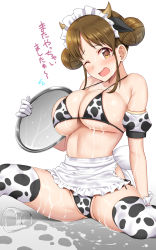 Rule 34 | 1girl, animal print, apron, arm support, bare shoulders, bikini, blush, breasts, brown eyes, brown hair, cleavage, collarbone, cow print, cow print bikini, deep skin, double bun, female focus, gloves, gluteal fold, hair bun, highres, horns, large breasts, looking at viewer, one eye closed, open mouth, princess connect!, print bikini, sidelocks, sitting, solo, spread legs, strap gap, suzume (princess connect!), swimsuit, tears, thighhighs, translation request, tray, yue (show-ei)