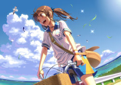 Rule 34 | 1girl, :d, aoi sora (pairan), bad id, bad pixiv id, bag, bangs pinned back, basket, bicycle, bicycle basket, bird, blouse, blue shorts, blue sky, blush, bottle, breasts, brown eyes, brown hair, cloud, day, female focus, fisheye, floating hair, grass, guard rail, hair tie, horizon, looking away, matching hair/eyes, ocean, open mouth, original, outdoors, pairan, pocari sweat, riding, satchel, seagull, shirt, short sleeves, short twintails, shorts, shoulder bag, sidelocks, sky, small breasts, smile, soccer uniform, solo, sparkle, sportswear, sunlight, sweat, teeth, twintails, upper teeth only, water bottle, white shirt, wristband