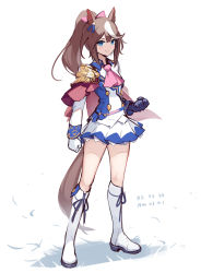 Rule 34 | 1girl, animal ears, ascot, asicah, asymmetrical gloves, blue eyes, blue gloves, boots, buttons, clenched hands, closed mouth, collared jacket, dated, double-breasted, epaulettes, full body, gloves, horse ears, horse girl, horse tail, jacket, knee boots, long hair, long sleeves, looking at viewer, miniskirt, mismatched gloves, multicolored hair, pink ascot, ponytail, simple background, single epaulette, skirt, smile, solo, standing, streaked hair, tail, tokai teio (umamusume), umamusume, white background, white footwear, white gloves, white jacket, white skirt