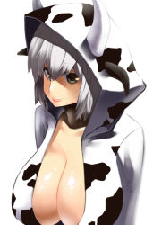 Rule 34 | 1girl, absurdres, animal print, bad id, bad pixiv id, breasts, cleavage, cow girl, cow horns, cow print, doku-chan (dokkudokudoku), grey eyes, highres, hood, hoodie, horns, huge breasts, large breasts, lips, looking at viewer, original, short hair, silver hair, simple background, smile, solo, white background