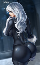 Rule 34 | 1girl, ass, ass grab, ass support, black cat (marvel), bodysuit, breasts, come hither, deep skin, domino mask, felicia hardy, flowerxl, from above, from behind, gloves, huge ass, large breasts, long hair, looking at viewer, looking back, marvel, mask, naughty face, shiny clothes, sideboob, silver hair, skin tight, smile, solo, spider-man (series)