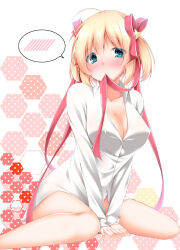 Rule 34 | 1girl, ahoge, aqua eyes, between legs, blonde hair, blush, breasts, cleavage, collarbone, collared shirt, colored eyelashes, commentary request, covered erect nipples, curvy, dress shirt, eyes visible through hair, hair between eyes, hair ornament, hair ribbon, hand between legs, head tilt, kamikita komari, large breasts, little busters!, long ribbon, looking at viewer, mouth hold, naked shirt, narukami ginryuu, nose blush, partially unbuttoned, red ribbon, ribbon, ribbon in mouth, shiny skin, shirt, short hair, shy, simple background, sitting, sleeves past wrists, solo, spoken blush, star (symbol), star hair ornament, two side up, v arms, wariza, white background, white shirt