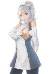 Rule 34 | 10s, 1girl, aila jyrkiainen, bad id, bad pixiv id, bare shoulders, black pantyhose, blue eyes, breasts, elbow gloves, flashing, gloves, gundam, gundam build fighters, hat, large breasts, long hair, matching hair/eyes, nipples, no bra, pantyhose, silver hair, simple background, skirt, sky of morika, solo, white background, white gloves