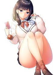 Rule 34 | 10s, 1girl, ass, bad id, bad pixiv id, black hair, black skirt, blue eyes, bow, breasts, brown footwear, cardigan, cellphone, collared shirt, convenient leg, crossed ankles, dress shirt, gridman universe, highres, holding, holding phone, large breasts, legs, loafers, long hair, long sleeves, looking at viewer, melo (meromero), microskirt, orange scrunchie, phone, pleated skirt, red bow, red legwear, school uniform, scrunchie, shirt, shoes, simple background, sitting, skirt, smartphone, solo, ssss.gridman, sweater, swept bangs, takarada rikka, thick thighs, thighs, twitter username, white background, white cardigan, white shirt, white sweater, wrist scrunchie