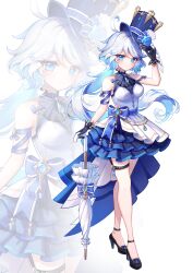 Rule 34 | 1girl, absurdres, alternate hairstyle, ankle cuffs, black gloves, blue eyes, full body, furina (genshin impact), genshin impact, gloves, hat, hayun, highres, solo, standing, thigh strap, umbrella, white hair