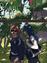 Rule 34 | 2girls, :3, ahoge, aruko okara, backpack, bag, bar censor, blue cardigan, blue hair, bow, bowtie, cardigan, censored, chain-link fence, collared shirt, cowboy shot, dappled sunlight, day, facing away, fence, flower, glasses, hara (onakaitai), highres, identity censor, indie virtual youtuber, light blush, long hair, looking at another, low twintails, multiple girls, open mouth, outdoors, pink hair, plaid, plaid skirt, pleated skirt, red bow, red bowtie, red flower, school bag, school uniform, shirt, short eyebrows, short hair, short twintails, skirt, smile, sunlight, sweater vest, thick eyebrows, tokumei radio, tree, twintails, virtual youtuber, walking, white shirt, zanko