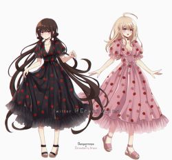 Rule 34 | 2girls, ahoge, akamatsu kaede, alternate costume, alternate hair ornament, black dress, blonde hair, blush, breasts, brown hair, cleavage, collarbone, commentary, copyright name, criis-chan, danganronpa (series), danganronpa v3: killing harmony, dress, food print, fortissimo, full body, hair ornament, hairclip, hand up, harukawa maki, high heels, long hair, looking at viewer, low twintails, medium breasts, multiple girls, musical note, musical note hair ornament, open mouth, pink dress, pink eyes, platform footwear, polka dot, pout, puffy short sleeves, puffy sleeves, red eyes, sandals, shoes, short sleeves, simple background, skirt hold, small breasts, smile, standing, strawberry print, toes, twintails, twitter username, very long hair, wedge heels, white background