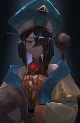 Rule 34 | 1girl, absurdres, aqua headwear, black hair, chinese clothes, closed mouth, colored inner hair, dark background, expressionless, fate/grand order, fate (series), hair over one eye, highres, long sleeves, looking at viewer, medium hair, mole, mole under eye, multicolored hair, orange eyes, simple background, solo, stuffed toy, upper body, xu fu (fate), yamada raen