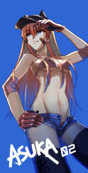Rule 34 | 1girl, :q, animal hat, bad id, bad pixiv id, bandaid, bandaid on face, bikini, bikini under clothes, black thighhighs, blue background, blue eyes, blue sky, breasts, covered erect nipples, cowboy shot, denim, denim shorts, elbow sleeve, from below, gloves, hair between eyes, hand on own hip, hat, highres, liangchanxingmingrixiang, long hair, looking to the side, medium breasts, neon genesis evangelion, open fly, orange hair, rebuild of evangelion, short shorts, shorts, sky, solo, souryuu asuka langley, swimsuit, thighhighs, tongue, tongue out, unbuttoned, very long hair, wide hips