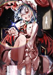 Rule 34 | + +, 1girl, absurdres, ahoge, arm up, ascot, back bow, barefoot, bat wings, belt, black background, blue hair, bow, breasts, brown belt, brown bow, commentary request, cross, crystal, curtains, drawing (object), dress, eyelashes, fang, fangs, fingernails, flandre scarlet, frills, fura (wind rahu), gem, green gemstone, hair between eyes, hand up, hat, hat ribbon, highres, jewelry, laevatein (touhou), leg up, light, long fingernails, long sleeves, looking at viewer, magic, medium breasts, mob cap, nail polish, one side up, open mouth, pink dress, pink hat, pointy ears, polearm, puffy long sleeves, puffy sleeves, rainbow, red ascot, red gemstone, red nails, red ribbon, remilia scarlet, ribbon, shadow, short hair, silhouette, simple background, sitting, solo, sparkle, spear, star (symbol), teeth, toenail polish, toenails, tongue, touhou, triangle, weapon, wings