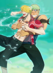 Rule 34 | 2boys, blonde hair, blush, curly eyebrows, dark-skinned male, dark skin, facial hair, feet out of frame, goatee, goggles, goggles on head, green hair, grin, hair over one eye, hand on another&#039;s shoulder, highres, hug, hug from behind, male focus, multiple boys, official alternate costume, one piece, roronoa zoro, sanji (one piece), scar, scar across eye, short hair, smile, sweetdou3, yaoi