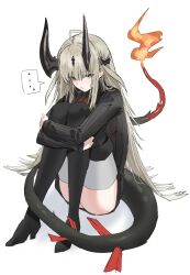 Rule 34 | ..., 1girl, ahoge, aqua eyes, arknights, black footwear, black sweater, boots, brown hair, commentary, dragon girl, dragon horns, dragon tail, fiery tail, fire, flame-tipped tail, full body, highres, horn/wood, horns, hugging own legs, knees up, long hair, long sleeves, looking at viewer, multiple horns, reed (arknights), ribbed sweater, simple background, sitting, solo, spoken ellipsis, sweater, tail, thigh boots, white background