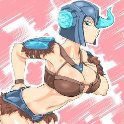 Rule 34 | 1girl, bent over, blue eyes, breasts, cleavage, frown, helmet, highres, horns, large breasts, league of legends, midriff, navel, pink background, sejuani, simple background, single horn, sweatdrop, tears, zei-minarai