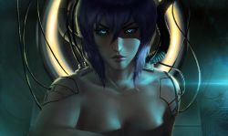 Rule 34 | 1girl, bare shoulders, blue eyes, breasts, cyborg, ghost in the shell, ghost in the shell stand alone complex, glowing, glowing eyes, kusanagi motoko, purple hair, raikoart, red eyes, short hair, solo, wire