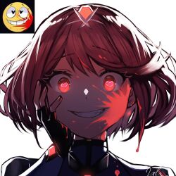 Rule 34 | 1girl, blood, constricted pupils, crazy eyes, emoji, fingerless gloves, gloves, grin, hand on own face, heart, heart-shaped pupils, looking at viewer, nintendo, pyra (xenoblade), red eyes, red hair, short hair, smile, solo, symbol-shaped pupils, xenoblade chronicles (series), xenoblade chronicles 2