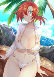 Rule 34 | 1girl, bad id, bad pixiv id, beach, bikini, boudica (fate), boudica (shining goddess) (fate), breasts, cleavage, collarbone, day, fate/grand order, fate (series), front-tie bikini top, front-tie top, green eyes, hair between eyes, head tilt, kuzuhamire, large breasts, looking at viewer, o-ring, o-ring bikini, ocean, one eye closed, open clothes, open shirt, orange hair, palm tree, parted lips, see-through, short hair, short ponytail, sitting, smile, solo, swimsuit, tree, underboob, white bikini