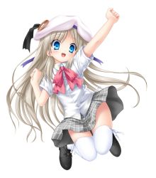 Rule 34 | 1girl, blonde hair, blue eyes, boots, bow, cross-laced footwear, hat, jumping, lace-up boots, little busters!, long hair, midair, na-ga, noumi kudryavka, open mouth, pink bow, ribbon, school uniform, solo, thighhighs, white thighhighs, zettai ryouiki
