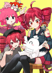 Rule 34 | + +, 3girls, ahoge, bare shoulders, chiccha na watashi (synthesizer v), detached sleeves, drill hair, grey shirt, hair between eyes, hat, holding chibi, kasane teto, kasane teto (sv), long hair, long sleeves, multiple girls, multiple persona, musical staff print, nishizawa, open mouth, override (synthesizer v), pink hair, pointing, pointing at self, red eyes, red hair, red trim, shirt, short hair, shoulder belt, simple background, skirt, sleeveless, sleeveless shirt, smile, suki na souzai happyou dragon (utau), thighhighs, twin drills, twintails, utau, yellow background