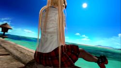 Rule 34 | 1girl, 3d, animated, ass, blonde hair, close-up, cloud, food print, long hair, marie rose, ocean, outdoors, panties, sitting, skirt, sky, solo, strawberry print, twintails, underwear, upskirt, virtual reality, vrchat, water, video