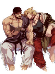 Rule 34 | 2boys, animal collar, animal ears, bara, bare pectorals, black hair, black tank top, blonde hair, book, capcom, collar, couple, cropped legs, dog ears, facial hair, from above, head on another&#039;s shoulder, headband, highres, holding, holding book, jacket, kemonomimi mode, ken masters, large pectorals, leaning on person, looking at another, male focus, mature male, multiple boys, muscular, muscular male, open clothes, open jacket, pants, pectoral cleavage, pectorals, reading, red pants, ryu (street fighter), sash, short hair, sitting, sketch, smile, street fighter, street fighter 6, stubble, tank top, thick eyebrows, yaoi, yuiofire